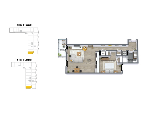 Floor plan for 1 bed, 1 bath, 852 sqft